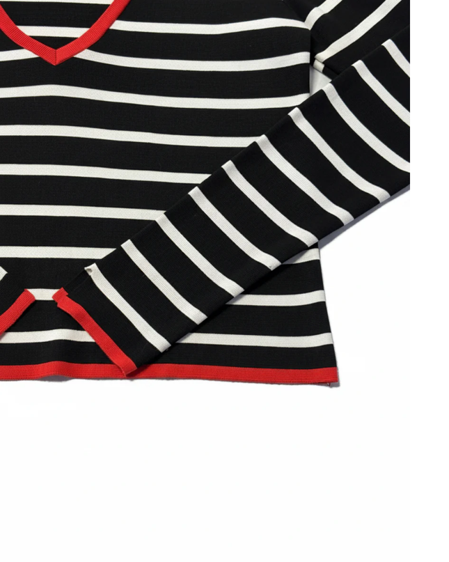 Zara Black and White Striped V-Neck Knit Sweater with Red Trim