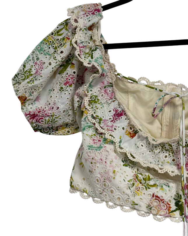 Multicolor Floral Broderie Anglaise Ruffle Crop Top