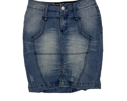 It's Mine Faded Blue Denim Bodycon Mini Skirt - M | Waist: 28"