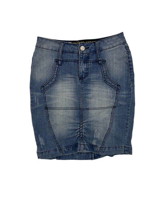 It's Mine Faded Blue Denim Bodycon Mini Skirt - M | Waist: 28"