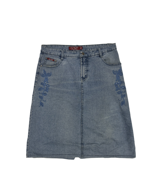 Suter Lusy & Elisa Light Wash Embroidered Denim Midi Skirt  - XL | Waist: 34"