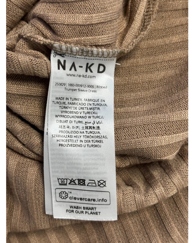 NA-KD Brown Ribbed Trumpet Sleeve Mini Dress