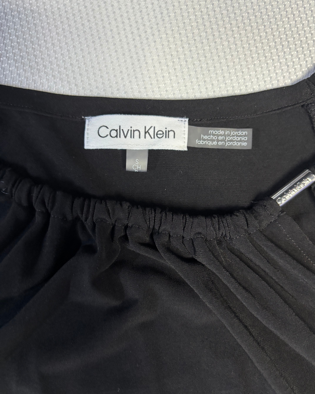 Calvin Klein Black Gathered Neckline Blouse with Sheer Sleeves