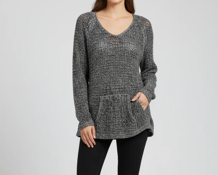 NIC+ZOE Black/White Open Knit V-Neck Sweater