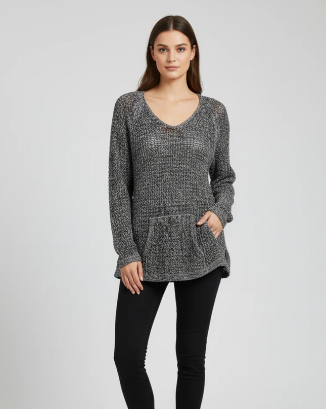 NIC+ZOE Black/White Open Knit V-Neck Sweater