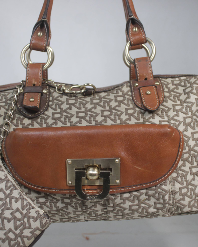 DKNY Brown Monogram Canvas Satchel Bag