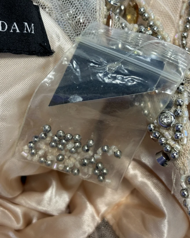 Betsy & Adam Champagne Embellished Halter Neck Gown