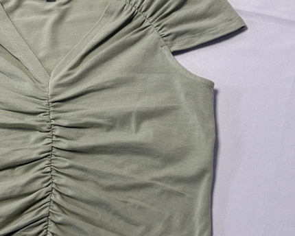 Vero Mod Sage Green Ruched V-Neck Short Sleeve Top