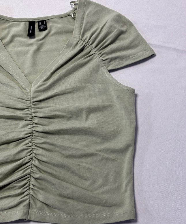 Vero Mod Sage Green Ruched V-Neck Short Sleeve Top