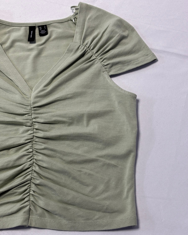 Vero Mod Sage Green Ruched V-Neck Short Sleeve Top