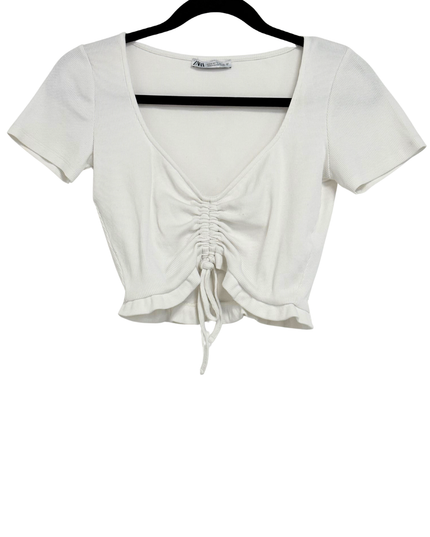 ZARA Drawstring Front Off-White Ribbed Crop Top