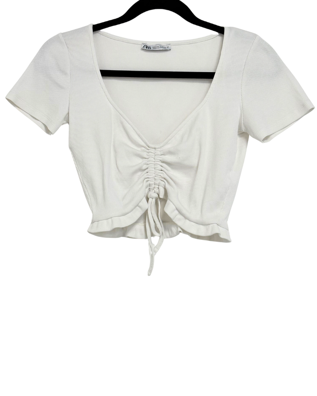 ZARA Drawstring Front Off-White Ribbed Crop Top