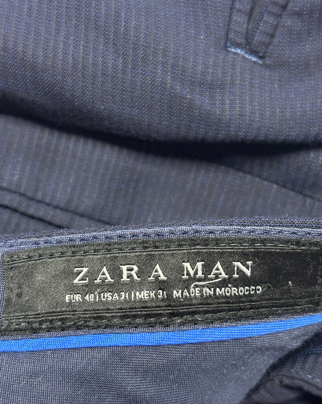 Zara Man Navy Blue Textured Slim Fit Trousers