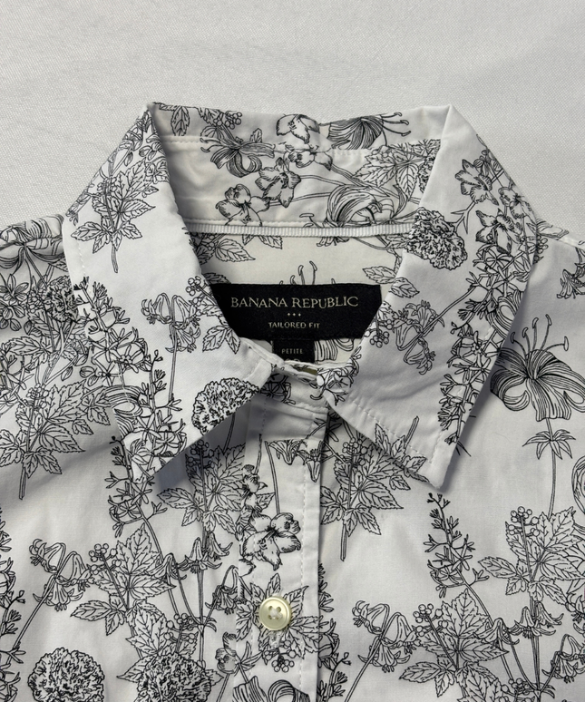Banana Republic White/Black Floral Sleeveless Button-Down Shirt