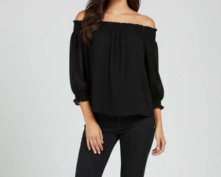 Zara Basic Black Off-the-Shoulder Smocked Blouse