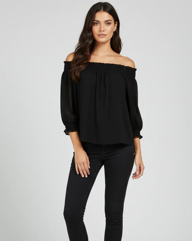 Zara Basic Black Off-the-Shoulder Smocked Blouse