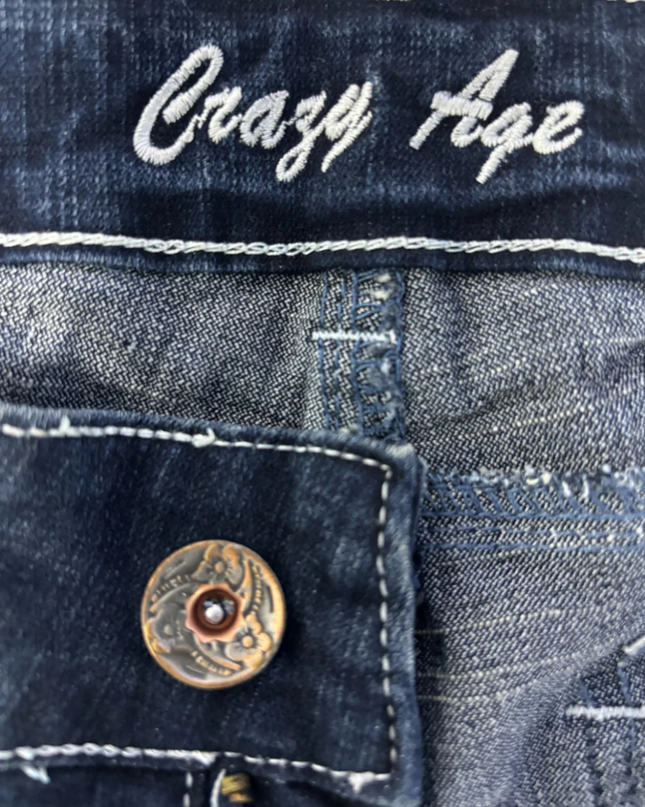Crazy Age Blue Y2K Tribal Dragon Rhinestone Flare Jeans