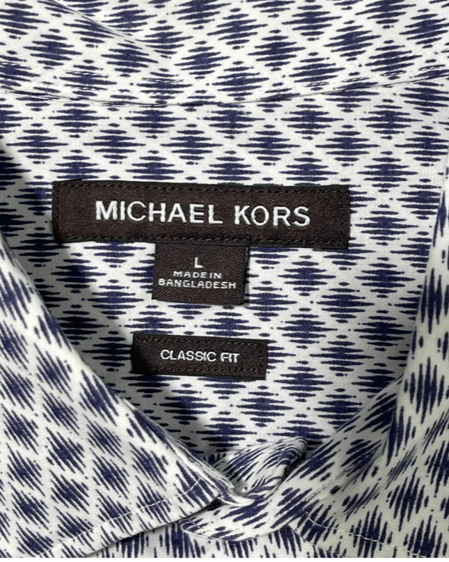 Michael Kors Blue and White Geometric Print Button-Down Shirt