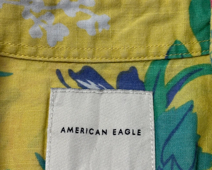 American Eagle Yellow Tropical Floral Short Sleeve Button Down Shirt