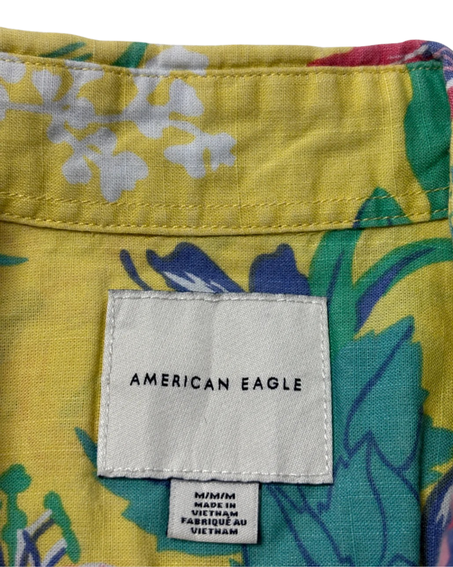 American Eagle Yellow Tropical Floral Short Sleeve Button Down Shirt