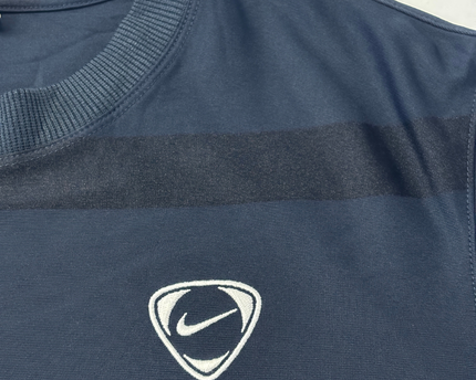 Vintage Nike Navy Blue Striped Mesh-Panel Sports T-Shirt