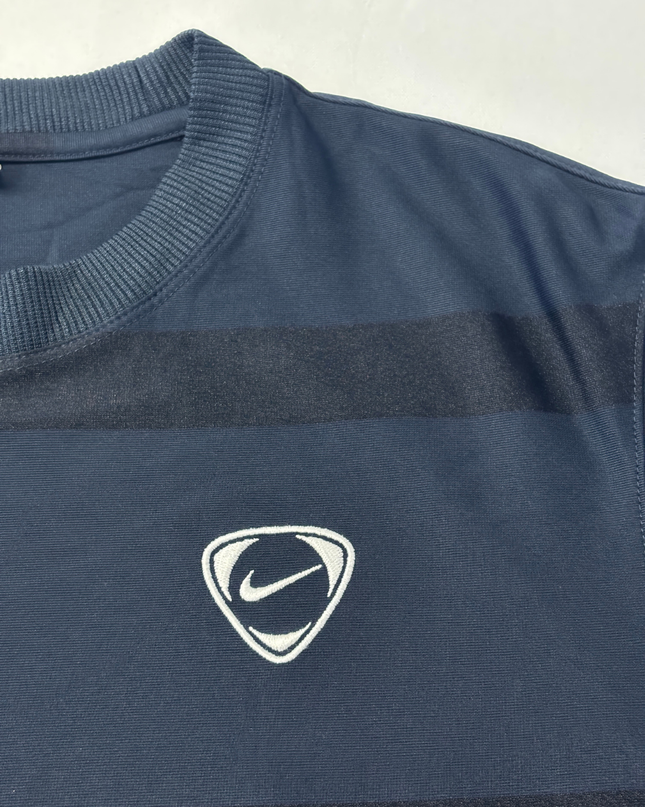 Vintage Nike Navy Blue Striped Mesh-Panel Sports T-Shirt