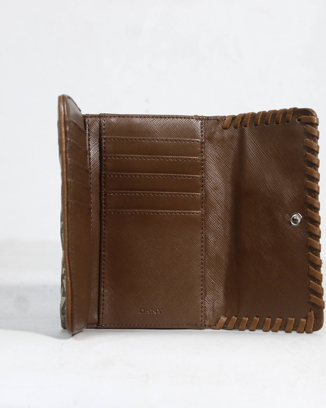 DKNY Brown Monogram Jacquard Leather Whipstitch Wallet