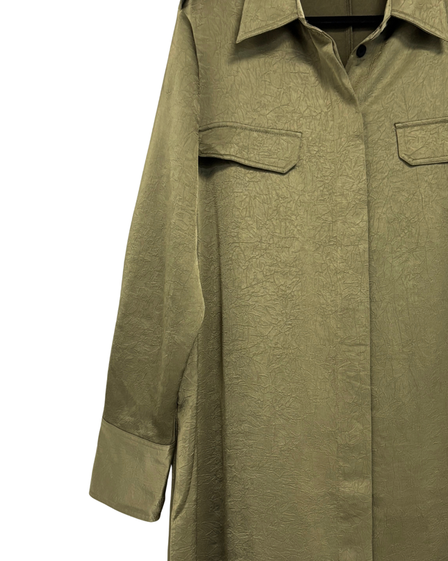 MNG Olive Green Textured Maxi Shirt Dress