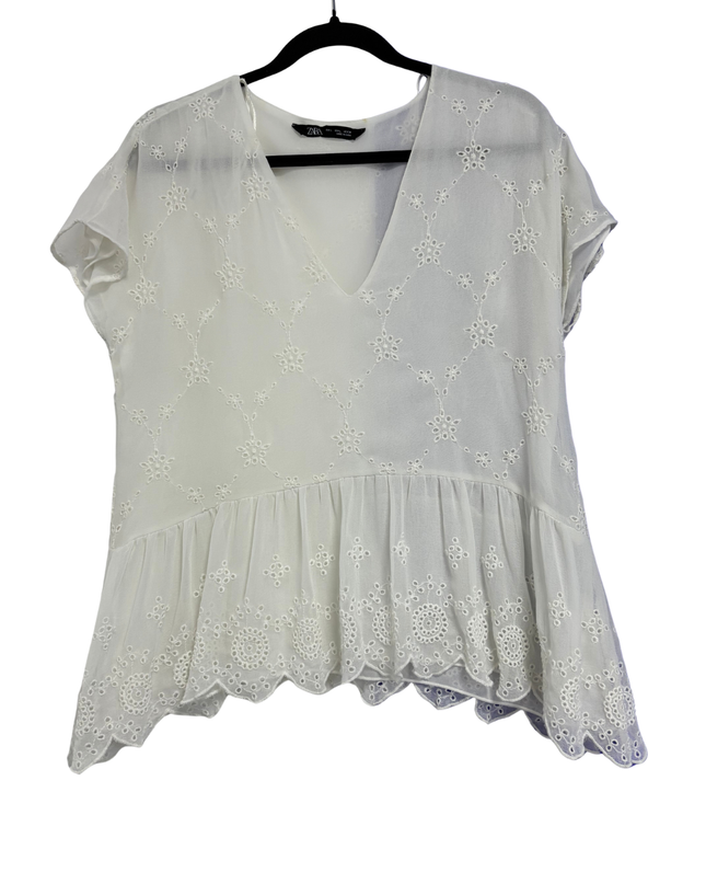 Zara White Embroidered Eyelet Peplum Blouse