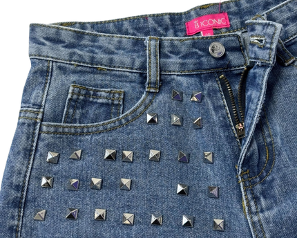 B ICONIC Blue Studded Distressed Denim Shorts