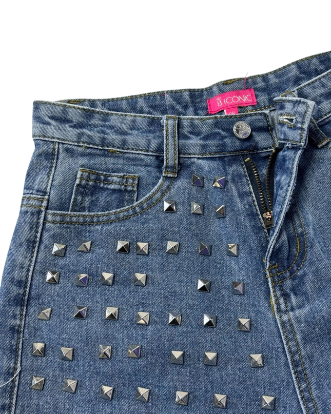B ICONIC Blue Studded Distressed Denim Shorts
