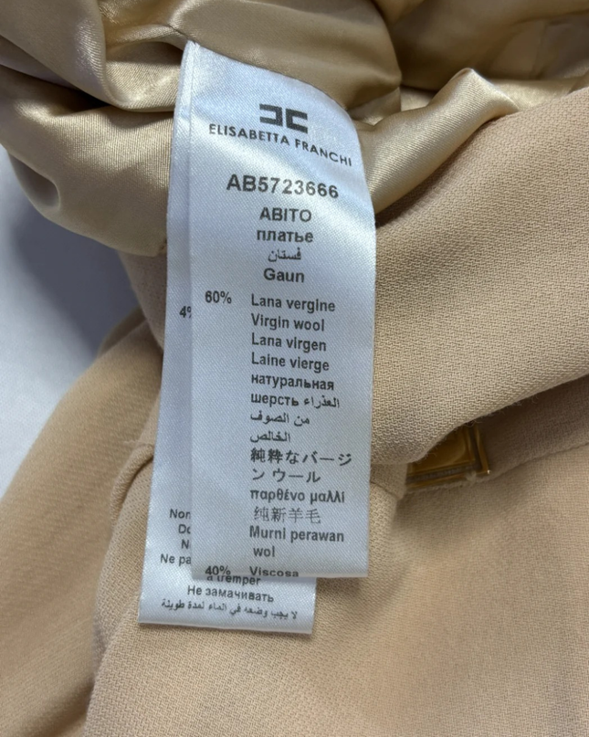 Elisabetta Franchi Beige Virgin Wool Blend Mini Dress with Fringe Hem