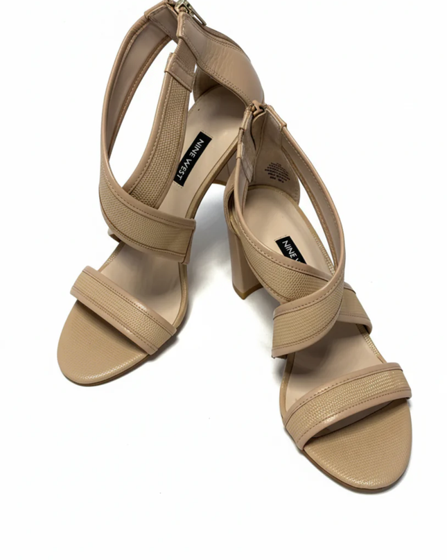 Nine West Beige Pearlita Strappy Block Heels