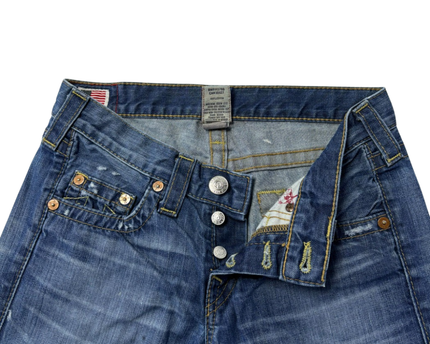 True Religion Blue Section Drew Low Rise Straight Leg Distressed Jeans