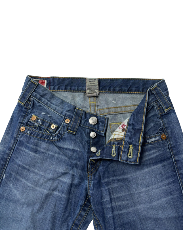 True Religion Blue Section Drew Low Rise Straight Leg Distressed Jeans
