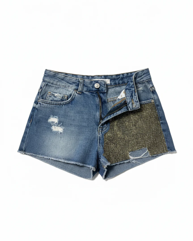 Zara Blue Distressed Embellished Denim Shorts