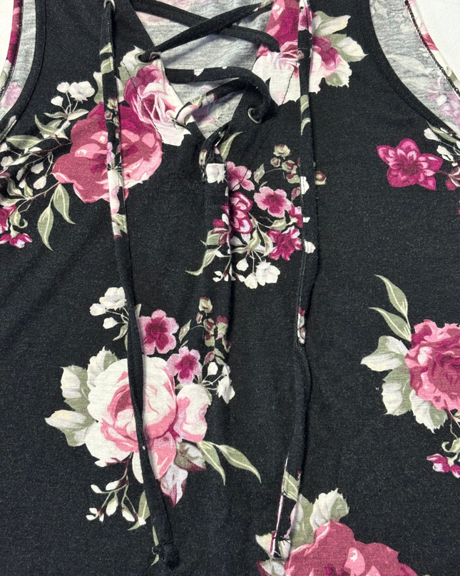 Ardene Black Floral Sleeveless Lace-Up Tank Top