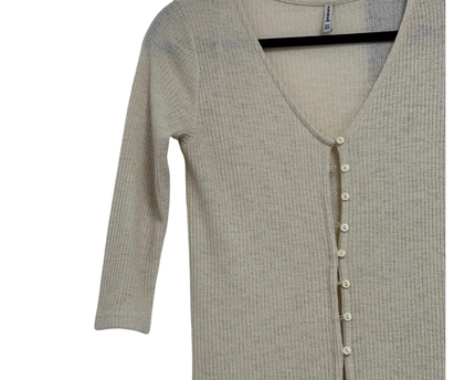 Stradivarius Beige Ribbed Knit Button-Down Midi Dress