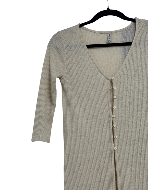 Stradivarius Beige Ribbed Knit Button-Down Midi Dress