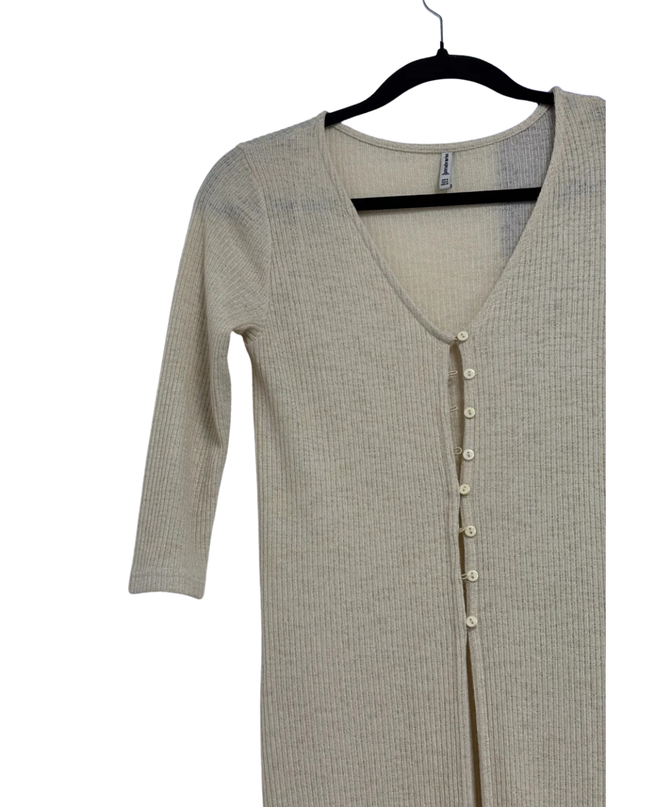 Stradivarius Beige Ribbed Knit Button-Down Midi Dress