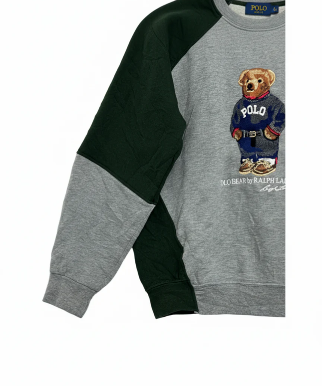 Reworked Polo Ralph Lauren Green and Grey Polo Bear Color-Blocked Sweatshirt