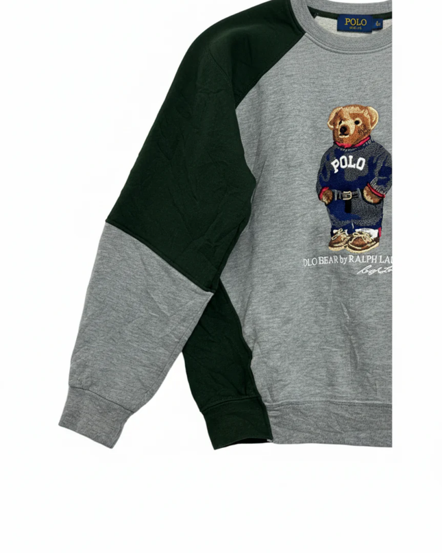 Reworked Polo Ralph Lauren Green and Grey Polo Bear Color-Blocked Sweatshirt
