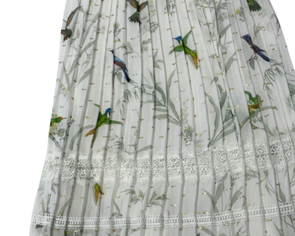 Ted Baker White Hummingbird Print Pleated Midi Skirt