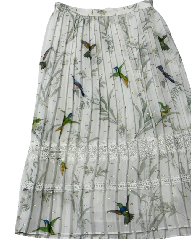 Ted Baker White Hummingbird Print Pleated Midi Skirt