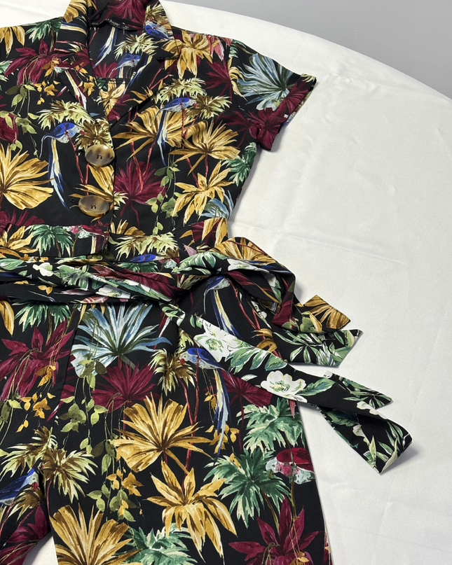 Zara Black Floral Short Sleeve Belted Jumpsuit