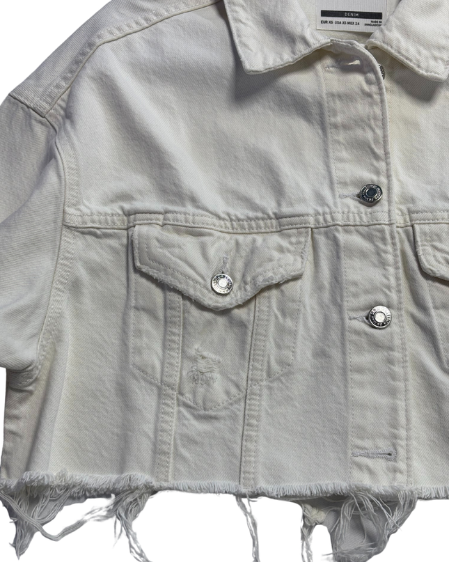 Bershka White Cropped Denim Jacket with Raw Hem