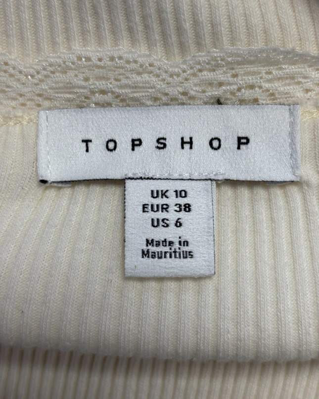 Topshop Cream Ribbed Long Sleeve Lace Trim Top