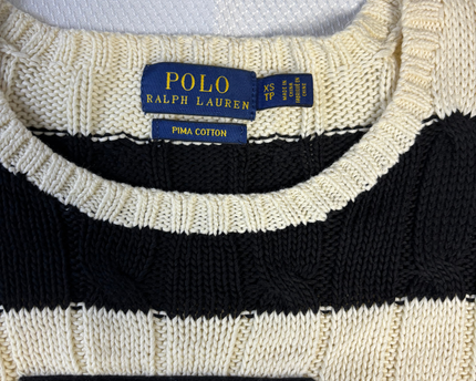 Polo Ralph Lauren Black and White Striped Cable Knit Pima Cotton Sweater