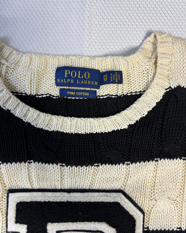 Polo Ralph Lauren Black and White Striped Cable Knit Pima Cotton Sweater