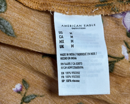 American Eagle Mustard Yellow Floral Button-Front Smocked Dress